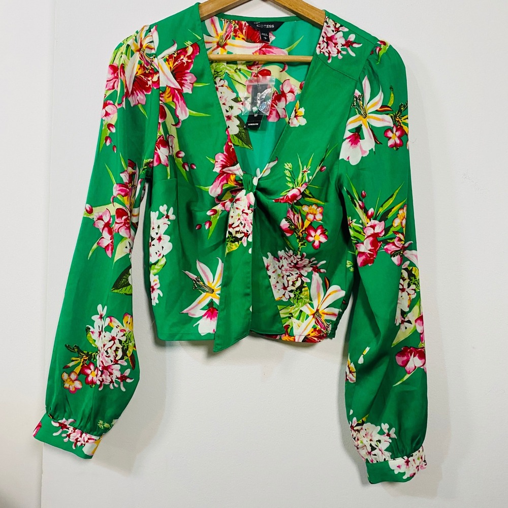 Express Blouse Womens Floral Tie Front Crop Top Green S